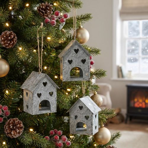 Vánoční přívěsek kovový domeček Shabby Chic H9,5cm 3 ks | Floristik24.cz
