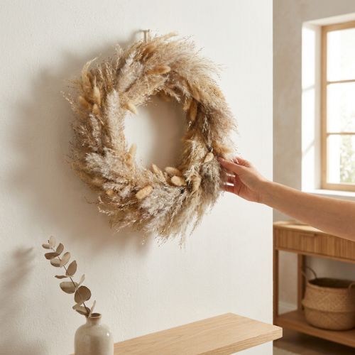 Věnec ze sušených květin, pampasová tráva, lagurus, boho závěsná dekorace, přírodní dekorace, nástěnný věnec, Ø31cm | Floristik24.cz