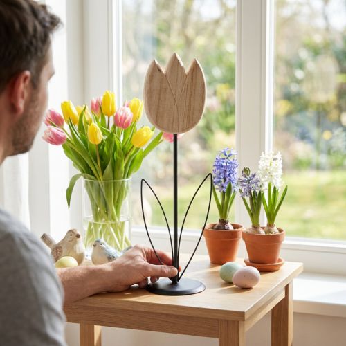položky Dekorativní dřevěná figurka tulipánu na stojanu pro jarní doprovod, 47,5 cm
