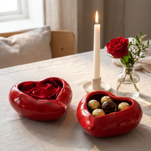 Keramická ozdobná srdíčka červená miska lesklá 13×15×6,5cm 2 ks | Floristik24.cz