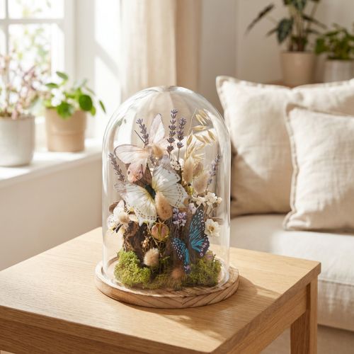 Skleněný zvonek na dřevěném podnosu, sklenice, čirý, přírodní, Ø17cm, H24cm | Floristik24.cz