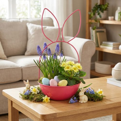Velikonoční květináč, dekorace, králík, kovový košík pro vnitřní i venkovní použití, 33 cm | Floristik24.cz