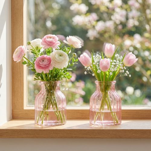 Skleněná váza na květiny, retro, růžová, Ø11cm, V14,5cm, 2 kusy | Floristik24.cz