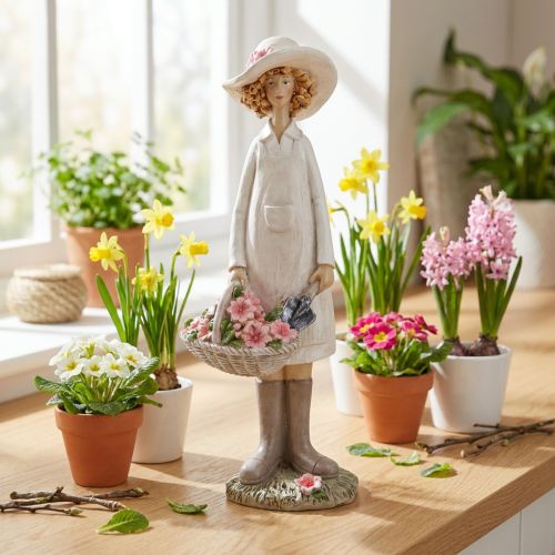 Dekorativní figurky zahradníka, dekorativní žena s květinami, bílo-růžová, V21cm | Floristik24.cz