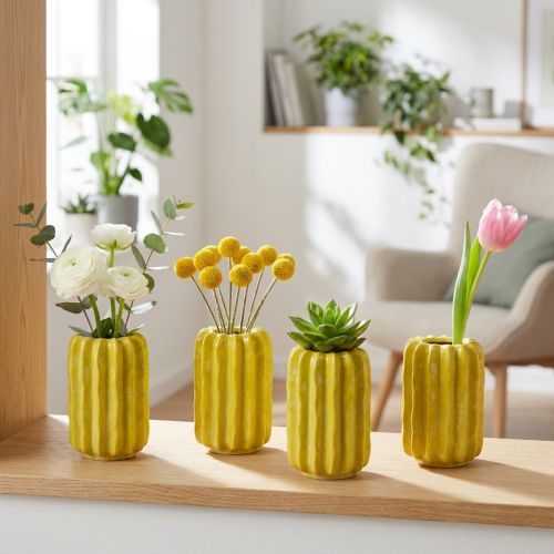 Keramická váza s kaktusem, design s drážkovanou strukturou pro moderní bydlení, 13 cm, 4 kusy | Floristik24.cz