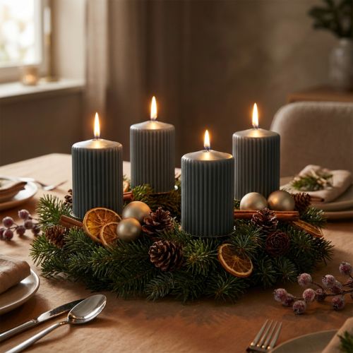 Antracitové svíčky na sloup, drážkované svíčky, 70/90 mm, sada 4 kusů, adventní dekorace | Floristik24.cz