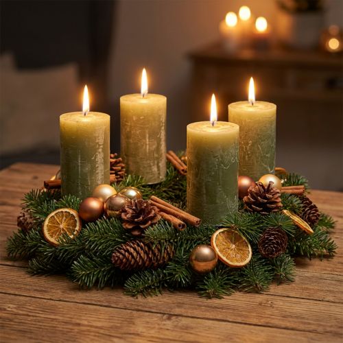Jednobarevné sloupkové svíčky, olivově zelené, 70×120 mm - Dlouhá doba hoření 53 hodin, sada 4 kusů, mramorované pro dekoraci a adventní oslavy | Floristik24.cz