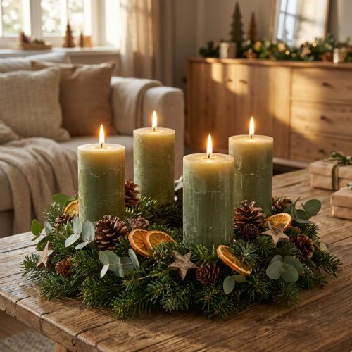 Jednobarevné olivově zelené sloupkové svíčky 60×100 mm, sada 4 kusů, venkovský styl, boho, adventní | Floristik24.cz