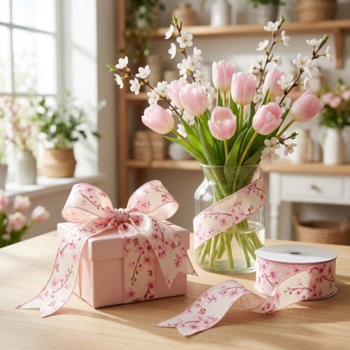 položky Dárková stuha třešňový květ látková stuha Hanami 40mm 20m
