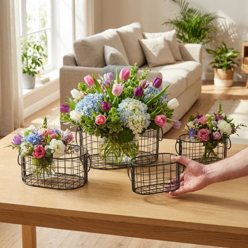 Drátěný koš s uchy kovový černý 17-32cm sada 4 ks | Floristik24.cz
