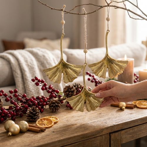Přívěsek list Ginkgo, adventní dekorace, kovová dekorace na podzim Golden L12cm 12 ks | Floristik24.cz