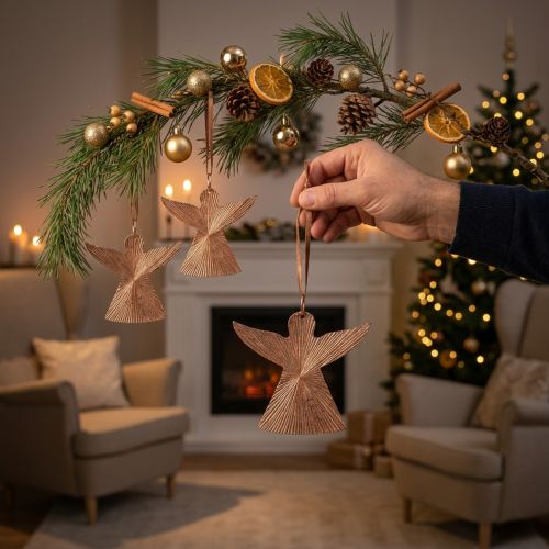 Andělé na zavěšení, adventní dekorace, kovové dekorace měděné barvy 9×10cm 3ks | Floristik24.cz