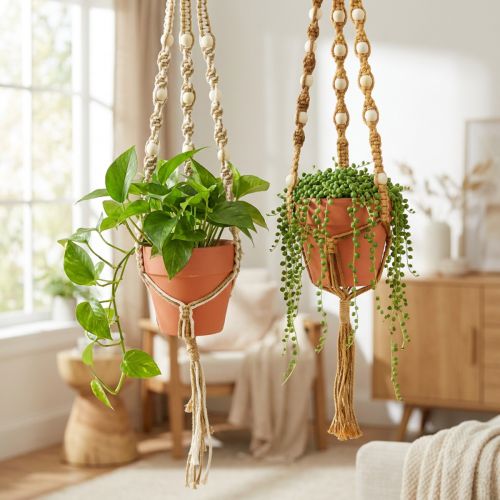položky Macrame závěsný hrnec závěsný hrnec hlína Ø12,5cm H75cm 2ks