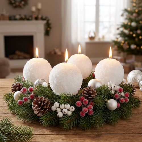 Adventní svíčky, design sněhové koule, bílé kulové svíčky Ø80 mm, sada 4 kusů, vánoční dekorace, zimní kouzlo | Floristik24.cz