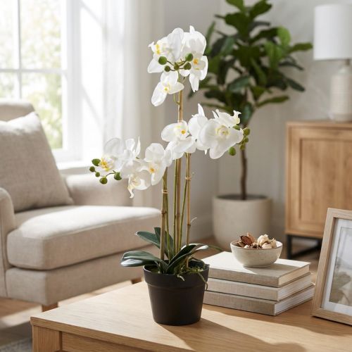 položky Umělá orchidej v květináči pro harmonickou atmosféru, bílá, 60 cm