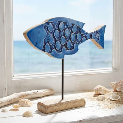 Námořní dekorační dřevěná ryba na stojánku modrá 25cm × 24,5cm | Floristik24.cz