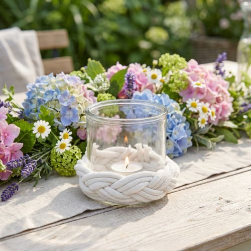 Lucerna skleněné makramé bílé pletené Ø13cm H10cm | Floristik24.cz