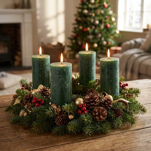 Jednobarevné sloupkové svíčky, tmavě zelené, 60×110 mm, sada 4 kusů, rustikální dekorace, adventní svíčky, dlouhá doba hoření | Floristik24.cz