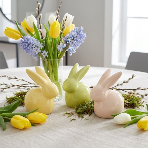 položky Dekorativní králík, žlutý, zelený, hnědý, moderní keramická figurka na Velikonoce, 8,5 cm, 3 kusy