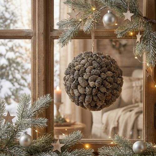 Dekorativní koule z olšového kužele k zavěšení, bílá, 20 cm | Floristik24.cz