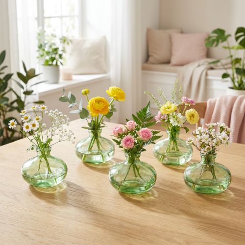Skleněná váza baňaté zelené mini vázy ze skla Ø9cm V6cm 6 ks | Floristik24.cz
