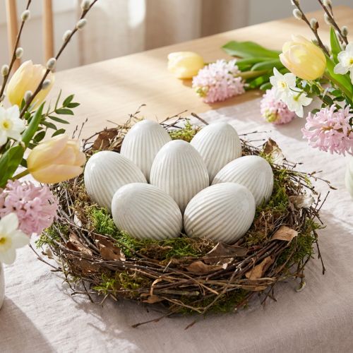 Easter Eggs Keramické dekorační vajíčko s drážkami Bílá šedá 5×6cm 6ks | Floristik24.cz