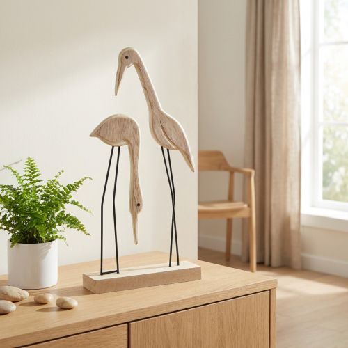 Stojan dřevěná figurka jeřáb pár přírodní 27,5×13cm 2 ks | Floristik24.cz