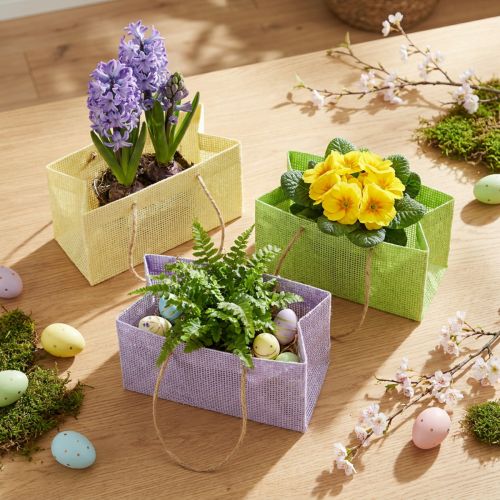 Dárkové tašky tkané s uchy zelená, žlutá, fialová 20×10×10cm 6ks | Floristik24.cz