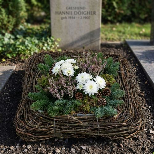 Dekorativní polštář na rostliny s přírodními větvičkami, 40x40 cm - Ideální pro pohřební aranžmá a výzdobu hrobů, design z přírodního ratanu | Floristik24.cz