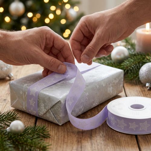 Ozdobná stuha s hvězdami Vánoční stuha lila 25mm 18m | Floristik24.cz
