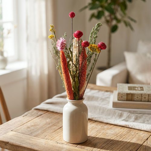 Dekorativní kytice sušených květin, směs růžových lučních květin, sada pro kutily, kreativní dekorace na stůl, výška 30-35 cm | Floristik24.cz