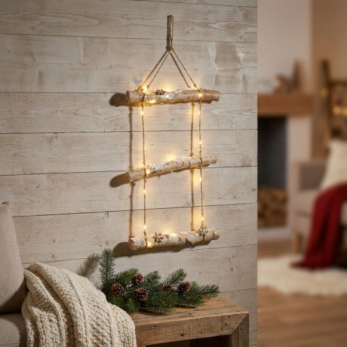 položky Vánoční dekorace na zeď s mikro LED světýlky, malými dřevěnými vločkami a zasněženými větvemi V150cm
