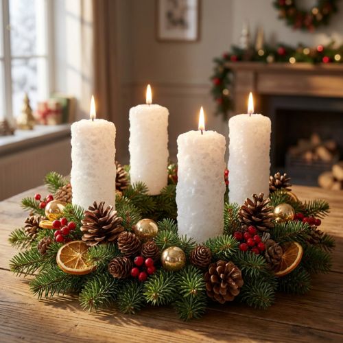 Sada 4 adventních svíček - Bílé sloupkové svíčky s efektem sněhové koule a vzorem námrazy, vánoční dekorace 150/60 mm | Floristik24.cz