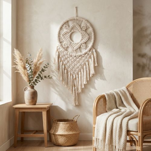 Macramé lapač snů na zeď, krémová, boho nástěnná dekorace, ručně vyrobená, 29 × 72 cm, do obývacího pokoje a ložnice | Floristik24.cz