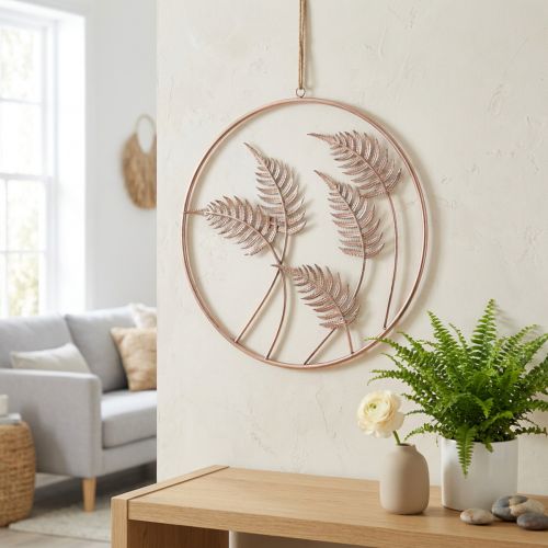 Nástěnná dekorace "Kapradina" kovová růžovo-zlatá k zavěšení, stylový ozdobný kroužek, moderní design, Ø52cm | Floristik24.cz