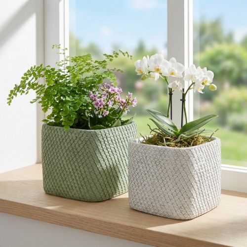 Květináč keramická bílá zelená reliéfní síťka 17x17cm H15cm 2ks | Floristik24.cz