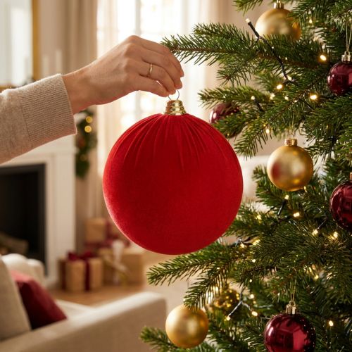 položky Červená sametová vánoční koule, velká 20cm vánoční koule, 3 kusy