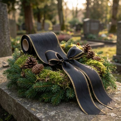 Elegantní moaré věnečková stuha, 175 mm černá s perleťovým okrajem a taftovou vazbou, ozdobná stuha pro pohřební květinářství, mašle, 25 m | Floristik24.cz