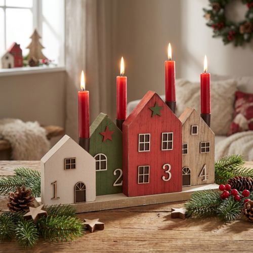 Svícen Adventní věnec tyčové svíčky domečky 35cm V20cm | Floristik24.cz