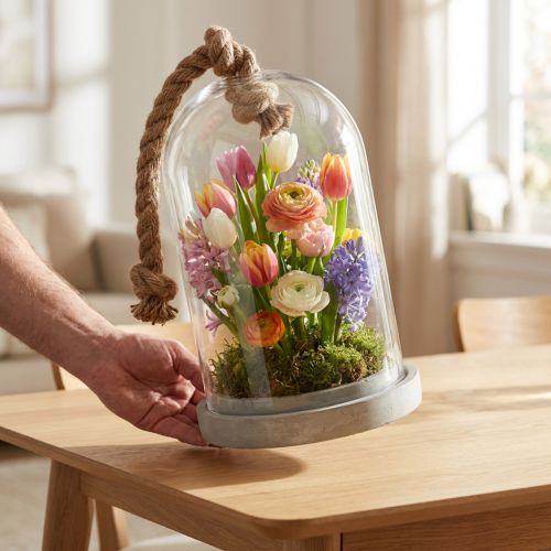 Skleněný zvonek s betonovou deskou a provazem Ø17cm H28cm | Floristik24.cz