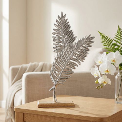 Stolní dekorace kovová dekorace kapradí stříbrná dřevo V54cm Š37cm | Floristik24.cz