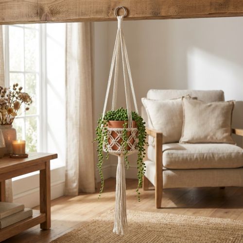 Závěsná dekorace z makramé v boho stylu Ø12cm V79cm krémová - Závěsný květináč na zeď | Floristik24.cz
