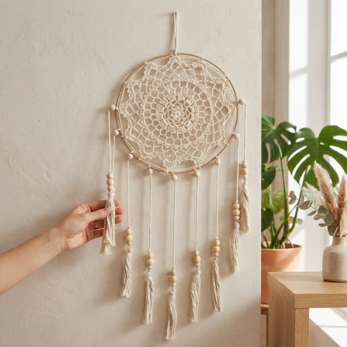 Nástěnná dekorace z makramé snů, boho chic, ručně vyráběná, krémová, Ø22cm, V54cm | Floristik24.cz