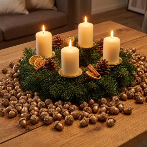 položky Zlaté podzimní plody, slavnostní podzimní dekorace, přírodní dekorativní žaludy, adventní dekorace Ø1,5 – 2,5 cm D1,5 – 3 cm 300 g