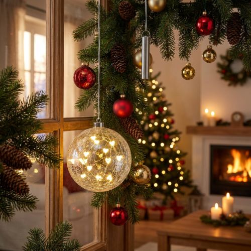 LED vánoční koule skleněný světelný řetěz srdce Ø15cm | Floristik24.cz