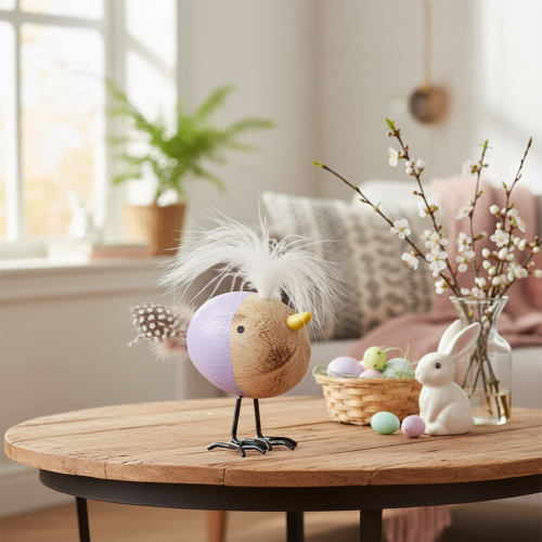 položky Dekorativní dřevěný ptáček s peřím a barevným tělem na dekoraci stolu, 10 cm, 6 kusů