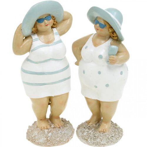 Floristik24 Ozdobná figurka dámy na pláži, letní dekorace, koupací figurky s kloboukem modrá/bílá H15/15,5cm sada 2 ks