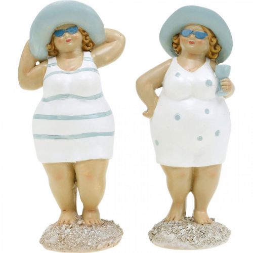 Floristik24 Ozdobná figurka dámy na pláži, letní dekorace, koupací figurky s kloboukem modrá/bílá H15/15,5cm sada 2 ks