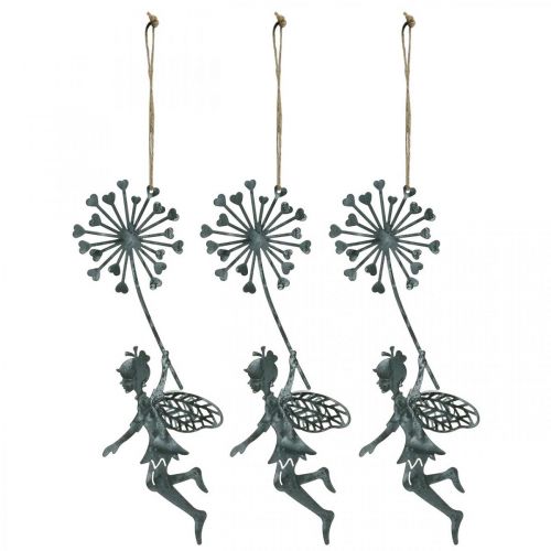 Floristik24 Jarní dekorace, skřítek s pampeliškou, dekorace přívěsek květinová víla, kovová dekorace 3ks