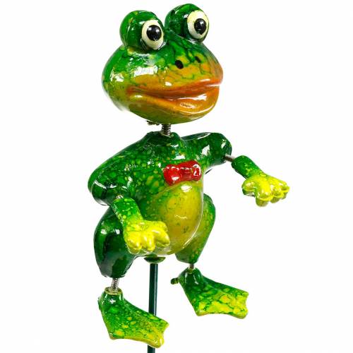 Floristik24 Rostlinný kůl dekorativní žába s motýlkem a kovovými peříčky zelená, žlutá, červená V68,5cm